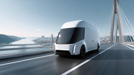 White Electric Delivery Van Driving on a Bridge Over a Cityscape isolated on a transparent background