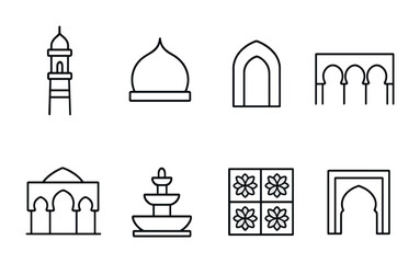 Obraz premium Islamic Architecture Icons. Outline icon set of Islamic architecture: minaret, dome, mihrab, arches, prayer