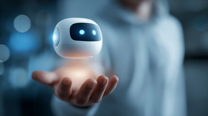 Entrepreneur interacting with floating AI chatbot interface