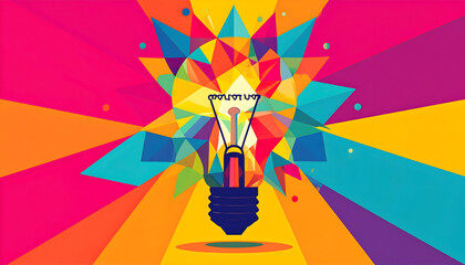 Abstract Geometric Lightbulb Design with Bright Colors of Red Yellow Blue and Green Illustrating Idea and Innovation