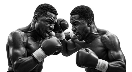 Intense Boxing Match with Two African American Boxers in Action, Black and White on transparent background