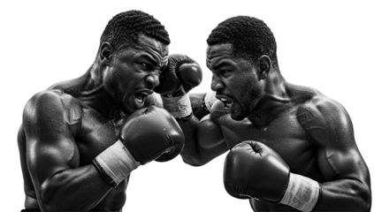 Intense Boxing Match with Two African American Boxers in Action, Black and White on transparent background
