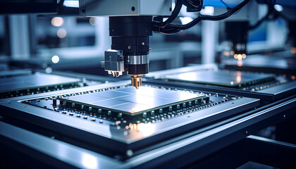 Automated Industrial Machine Processing Electronic Components in a Blue Toned Production Environment