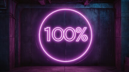 Glowing Purple Neon Sign One Hundred Percent in Circular Frame isolated on a transparent background 2