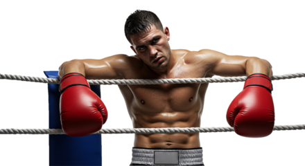 Exhausted boxer resting on ropes in boxing ring, wearing red boxing gloves on transparent background