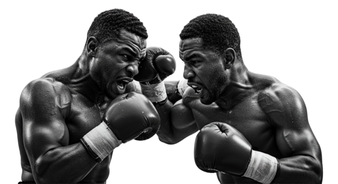 Intense Boxing Match with Two African American Boxers in Action, Black and White on transparent background