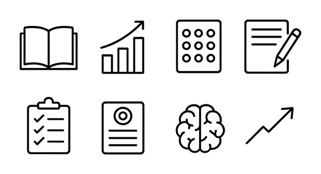 Personal Growth Icons. Outline icon set of personal growth habits: book, progress chart, habit tracker, daily