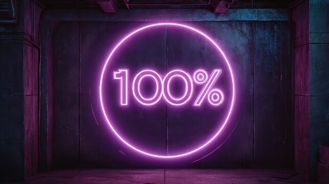 Glowing Purple Neon Sign One Hundred Percent in Circular Frame isolated on a transparent background 2 - Powered by Adobe