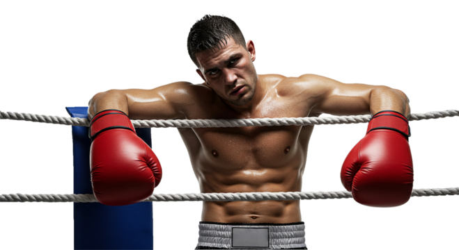Exhausted boxer resting on ropes in boxing ring, wearing red boxing gloves on transparent background