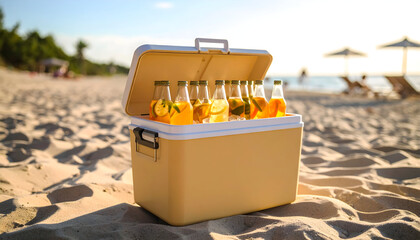 Beach Cooler Box With Orange Bottles on Sandy Shoreline During Sunlight