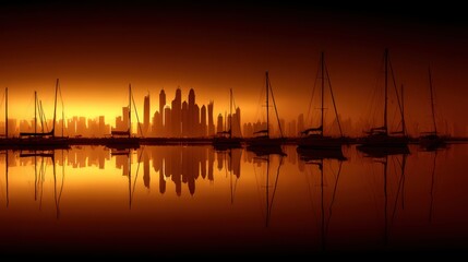 Naklejka premium Sunset reflections over urban skyline and sailboats at water's edge serene cityscape tranquil evening glow
