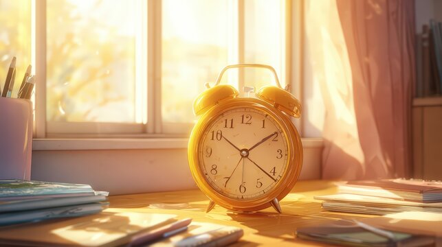 Yellow alarm clock ringing seven am sunlit wooden desk books pencils isolated on a transparent background