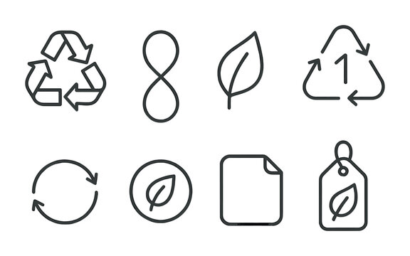 Recycling Icons Collection. Outline icon set of recycling symbols: triangle arrows, Mobius loop, green leaf