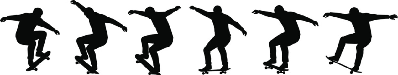 Silhouette skateboarder performing aerial jump stunt, skateboarding action trick sequence, urban street skater motion, extreme sport freestyle illustration, black skateboarding design