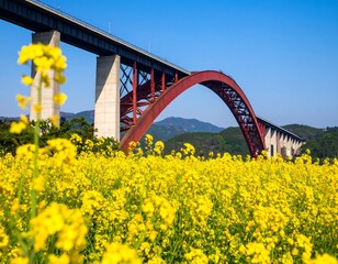 Vibrant yellow flowers foreground a large red steel arch bridge against a clear blue sky and distant hills
