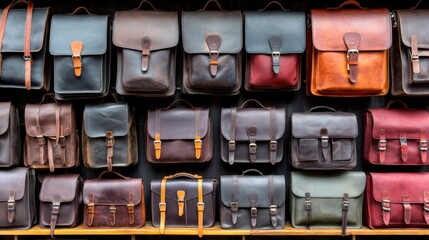 Leather backpack collection display artisan shop product showcase urban environment eye-level view craftsmanship focus