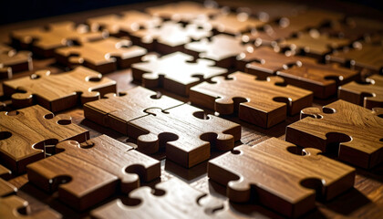 Wooden Puzzle Pieces Assembled On A Brown Surface Creating Pattern and Texture