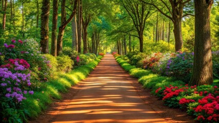 Obraz premium Sunlit garden path lined with vibrant flowers and lush greenery