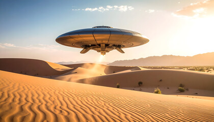 UFO Hovering Over Desert Landscape At Sunset Illuminating Golden Sand Dunes