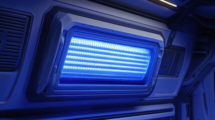 Futuristic Blue LED Light Panel Technology in a Modern Spacecraft Interior with Advanced Design Elements and Ambient Illumination Features