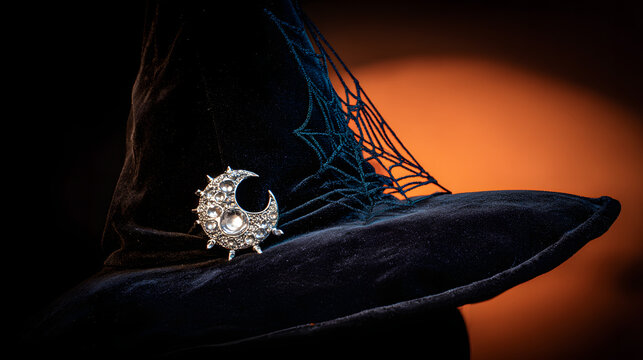 A velvet black witch hat with silver cobweb details, glowing with mysterious orange backlighting for Halloween.