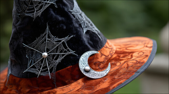A velvet black witch hat with silver cobweb details, glowing with mysterious orange backlighting for Halloween.