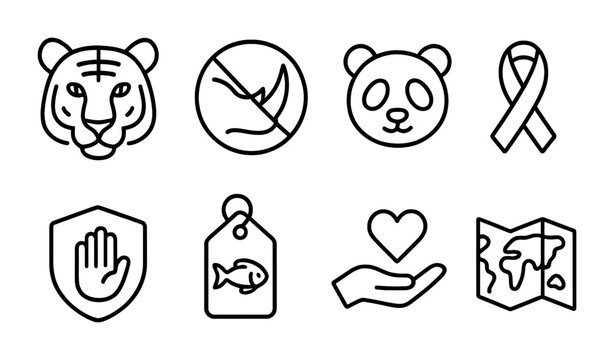 Endangered Species Icons. Outline icon set of endangered species awareness: tiger icon, rhino horn ban, panda
