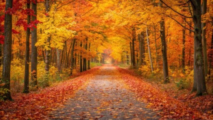 Vibrant autumn forest path lined with colorful trees