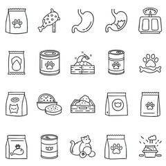 Pet food and animal health outline icon collection. This simple line art set includes symbols for cat and dog nutrition, digestion, and feeding products