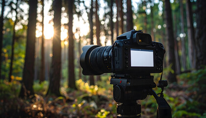 Camera On Tripod Capturing Sunlight Through Dense Autumnal Forest Background