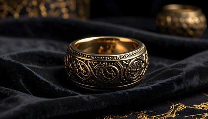 Ornate Gold Ring Displayed On Black Velvet Fabric With Detailed Engravings and Intricate Design