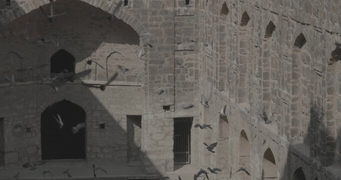 Agrasen Ki Baoli or Ki Baoli in New Delhi. Pigeons Soaring in Front of Weathered Ancient Walls slow motion, slow motion footage,