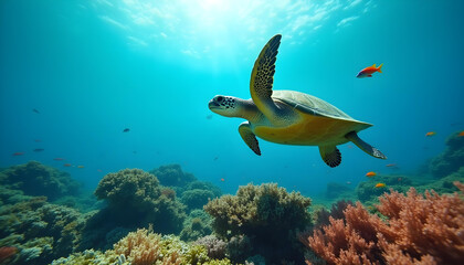 Turtle swimming in the sea, A green sea turtle gliding over a vibrant coral reef in shallow tropical waters, surrounded by colorful fish and sunlight filtering through the surface, ultra-realistic