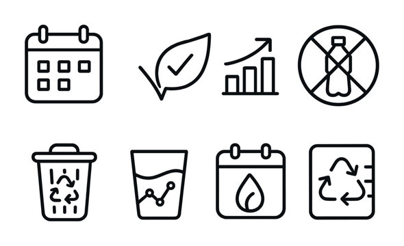Sustainable Habits Icons. Outline icon set of sustainable habits tracker: calendar icon, leaf checkmark,