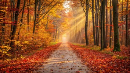 Fototapeta premium Sunlight streams through an autumn forest path covered in colorful leaves