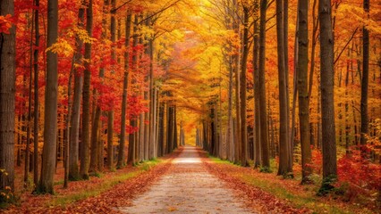 Obraz premium Vibrant autumn forest path lined with colorful trees