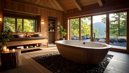 Luxurious wooden bathroom with freestanding tub, stone flooring, and scenic view