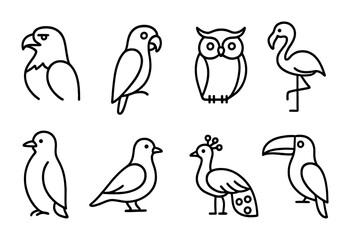 Bird Outline Icons. Outline icon set of birds: eagle, parrot, owl, flamingo, penguin, pigeon, peacock, toucan.