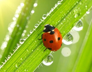 Naklejka premium Ladybug on Dewy Grass