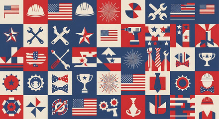 Labor Day themed vector pattern with patriotic symbols and worker tools