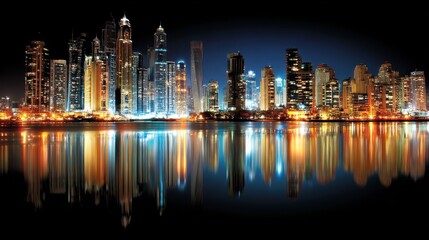 Stunning night skyline reflection dubai cityscape photography urban environment wide angle architectural beauty