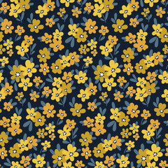 Seamless floral pattern, liberty ditsy print in dark vintage motif. Beautiful botanical design, textile print with fond daisy field, small hand drawn yellow flowers, tiny leaves. Vector illustration. © Yulya i Kot