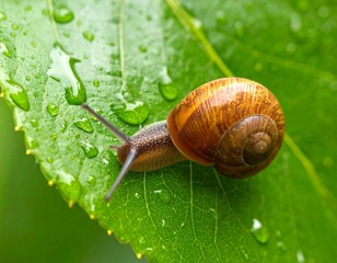 Snail on Wet Leaf