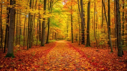 Fototapeta premium Autumn forest path covered in vibrant fallen leaves