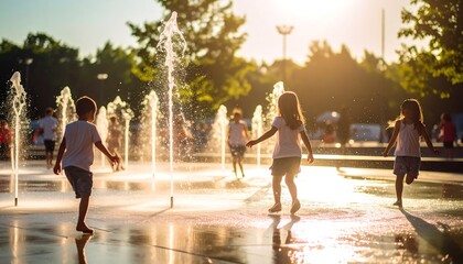 Obraz premium Children playing in a water fountain at sunset.