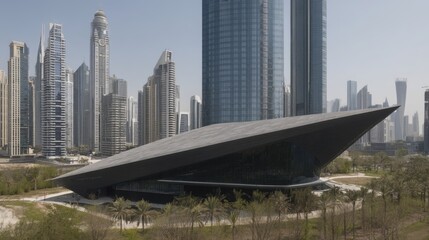 Naklejka premium Modern architectural marvels dubai building showcase urban landscape aerial viewpoint innovative design concepts