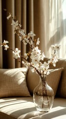Soft light bathes a vase of spring blossoms