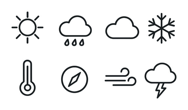 Weather Icon Set. Outline icon set of weather and climate: sun, rain, cloud, snowflake, thermometer, barometer