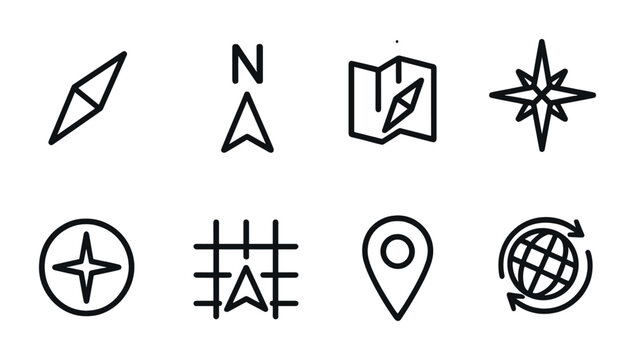Compass Navigation Icons. Outline icon set of compass and orientation: compass needle, north arrow, map