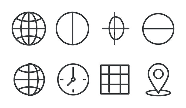 Geographic Icon Set. Outline icon set of geographic coordinate systems: latitude, longitude, meridian, equator